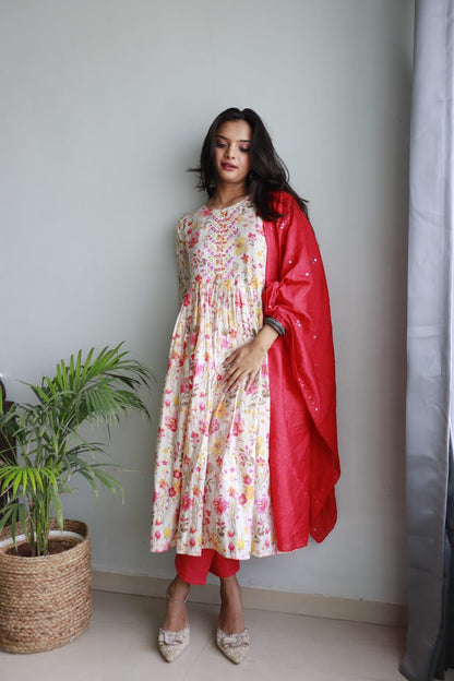 Viscose Muslin Printed Kurti Set With Embroidery Work