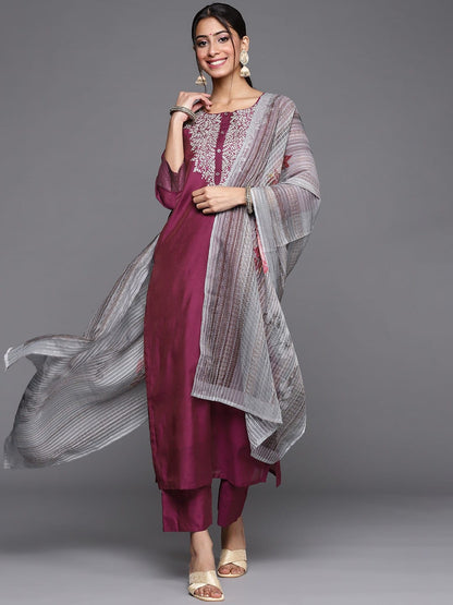 Maroon Silk Blended Kurti Set With Embroidery