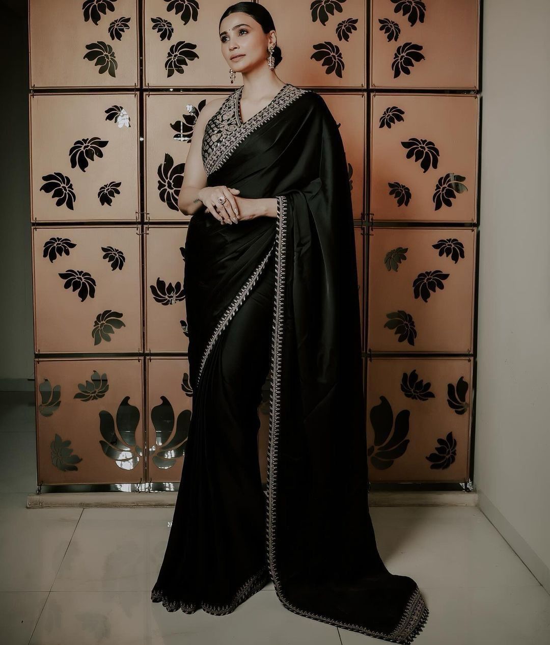 Black Satin Silk Saree With Thread and Sequence Work