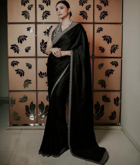 Black Satin Silk Saree With Thread and Sequence Work