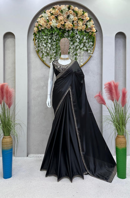 Black Satin Silk Saree With Thread and Sequence Work