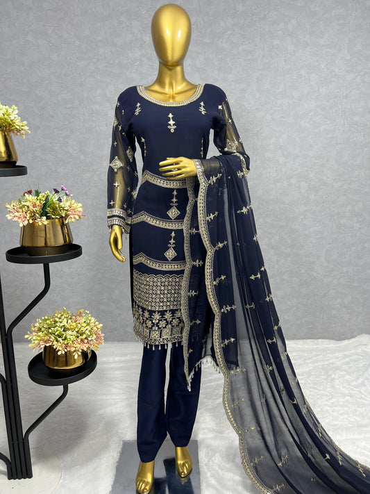 Blue Faux Georgette Sharara Set With Embroidery