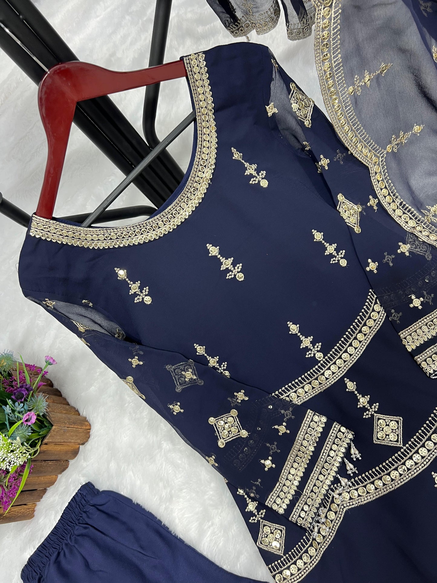 Blue Faux Georgette Sharara Set With Embroidery