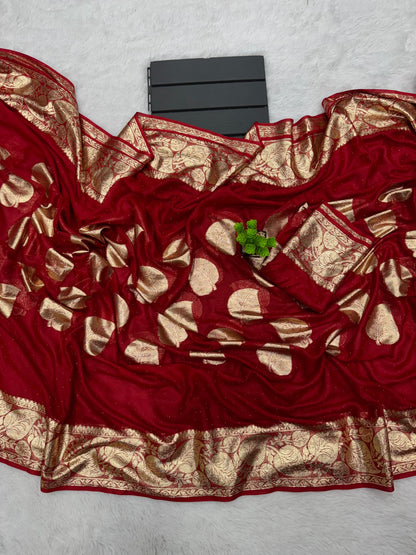 Bright Red Georgette Saree With Golden Zari Weaving