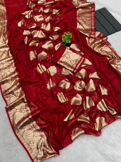 Bright Red Georgette Saree With Golden Zari Weaving