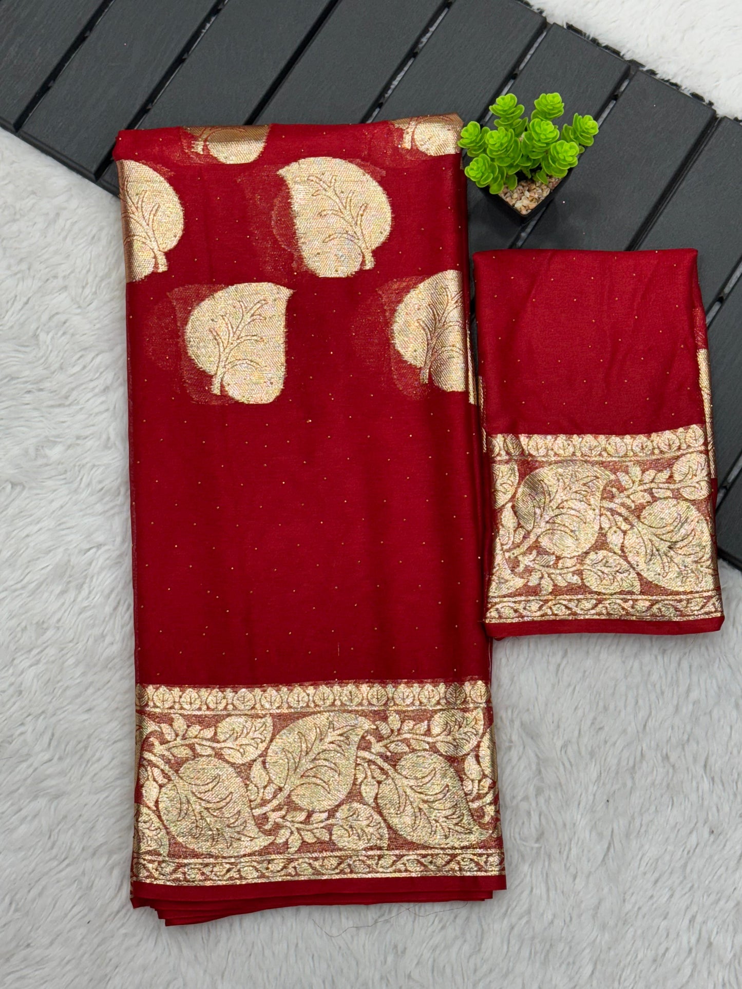 Bright Red Georgette Saree With Golden Zari Weaving