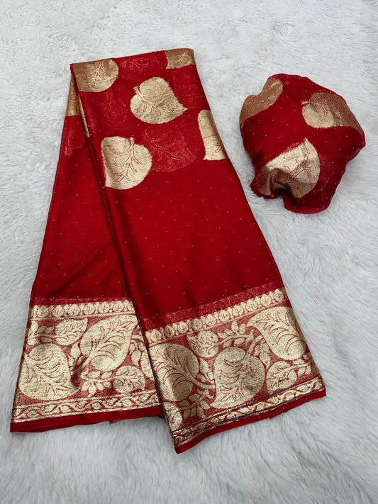 Bright Red Georgette Saree With Golden Zari Weaving