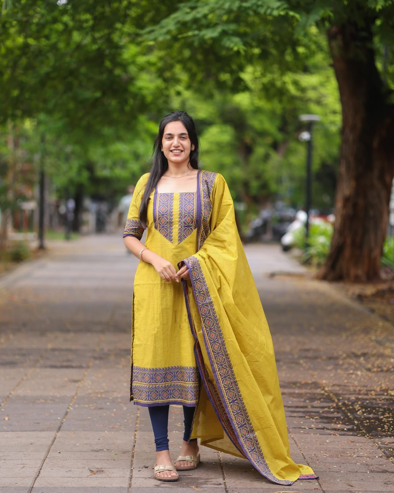 Yellow and Blue Kanchi Cotton Suit Set With Jacquard Weaving