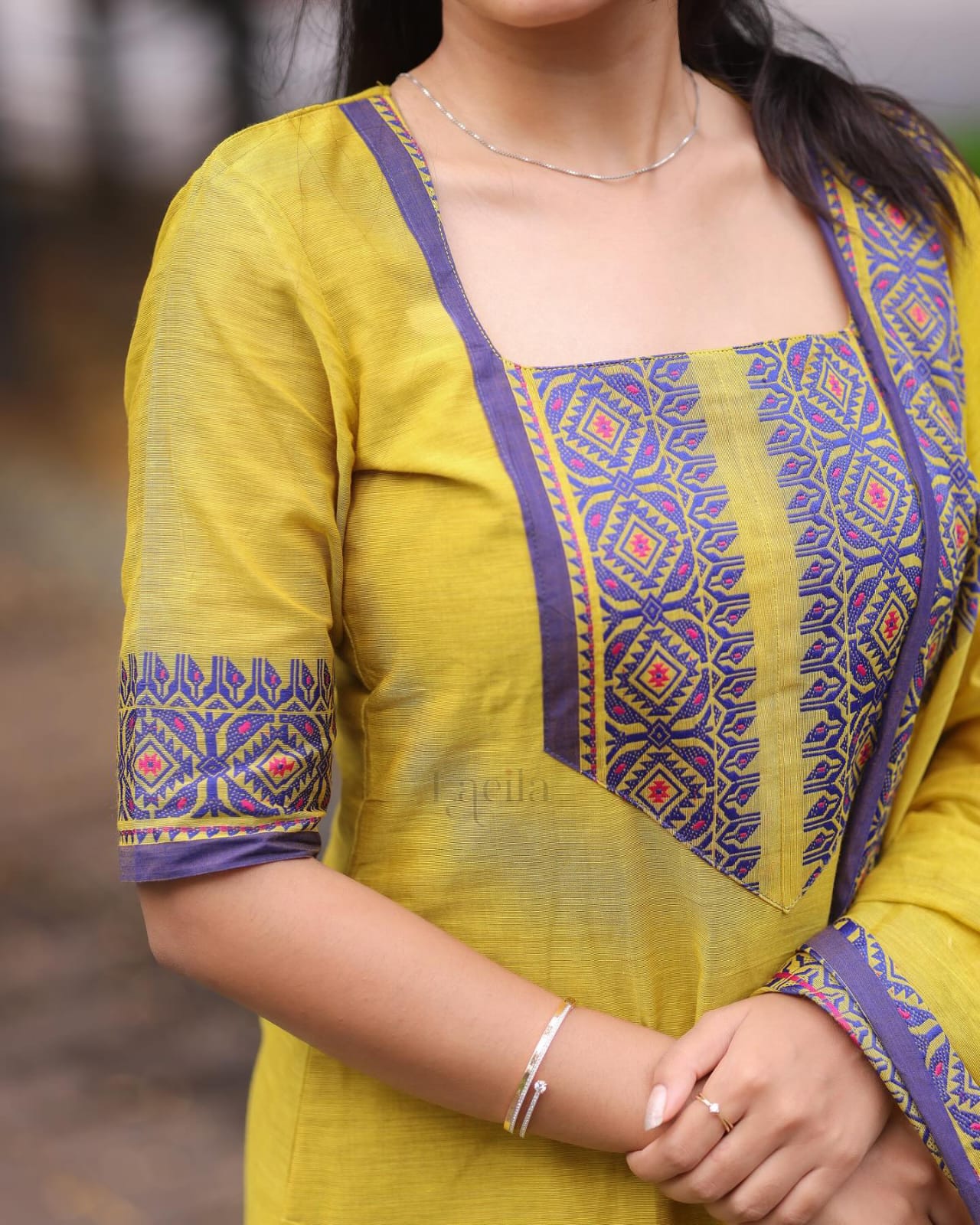 Yellow and Blue Kanchi Cotton Suit Set With Jacquard Weaving