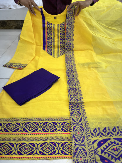 Yellow and Blue Kanchi Cotton Suit Set With Jacquard Weaving