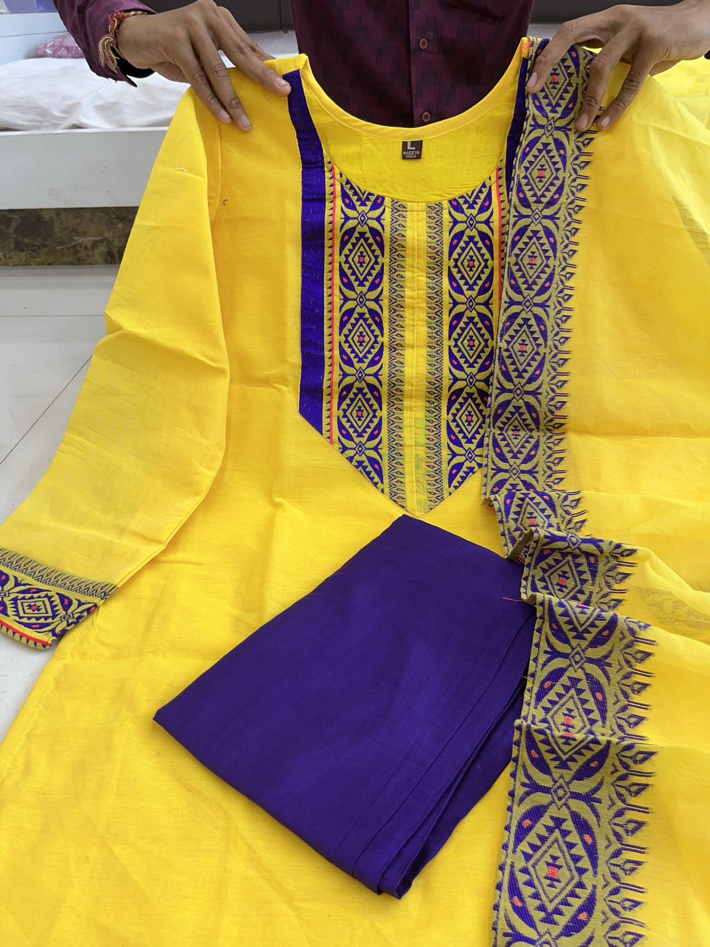 Yellow and Blue Kanchi Cotton Suit Set With Jacquard Weaving