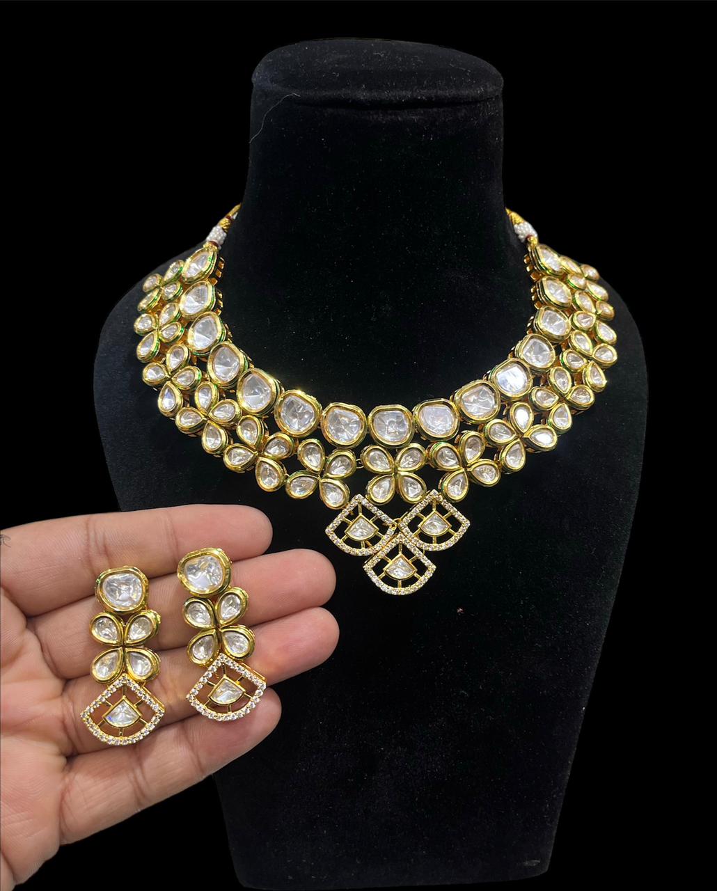 Designer Kundan Polki Necklace Set With Earrings