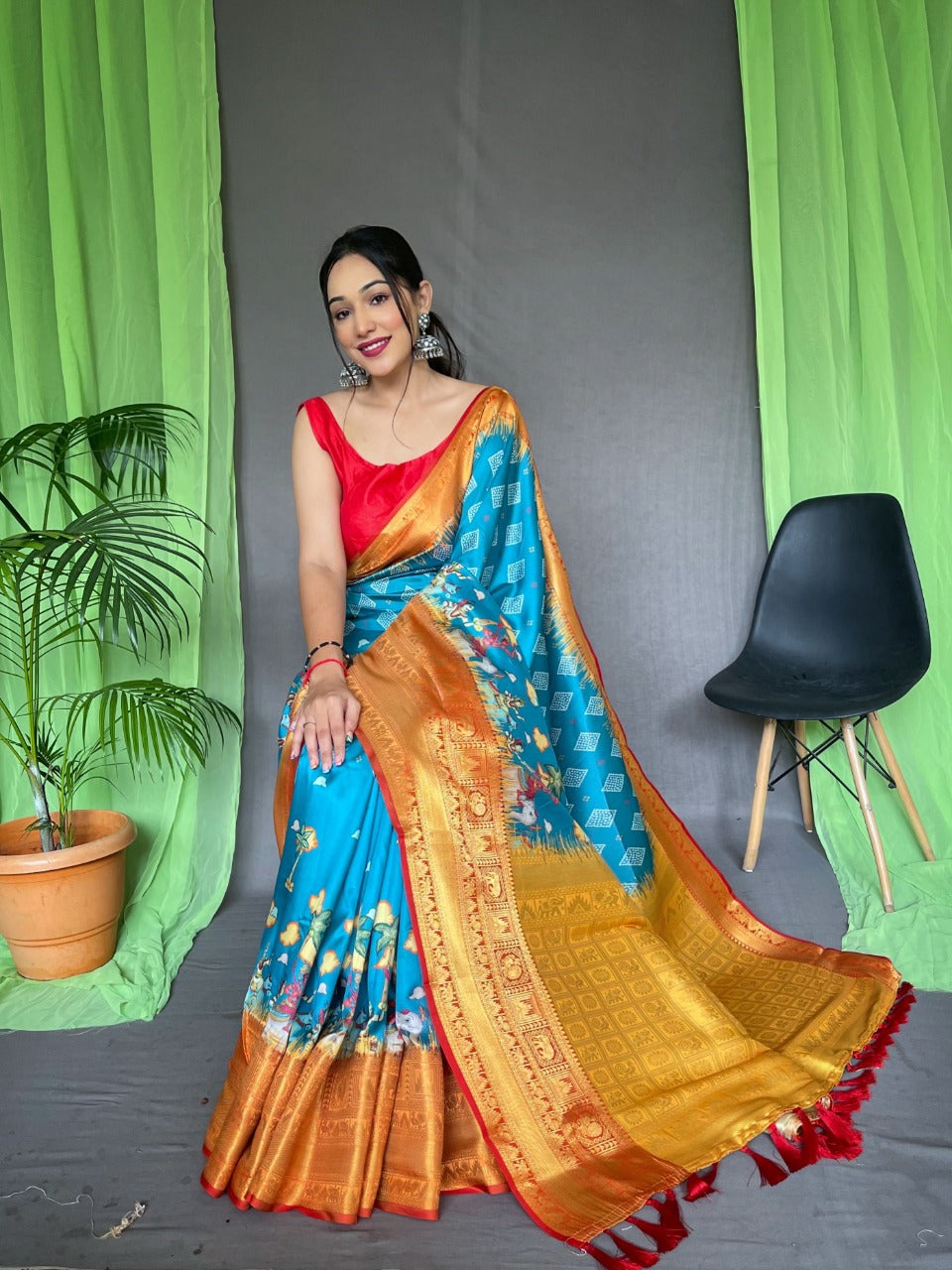 Kanchipuram Silk Digital Printed Kalamkari Saree