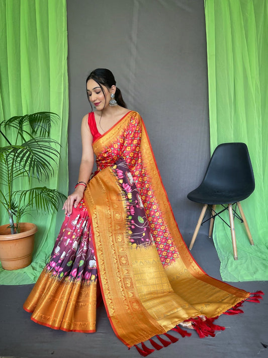 Kanchipuram Silk Digital Printed Kalamkari Saree