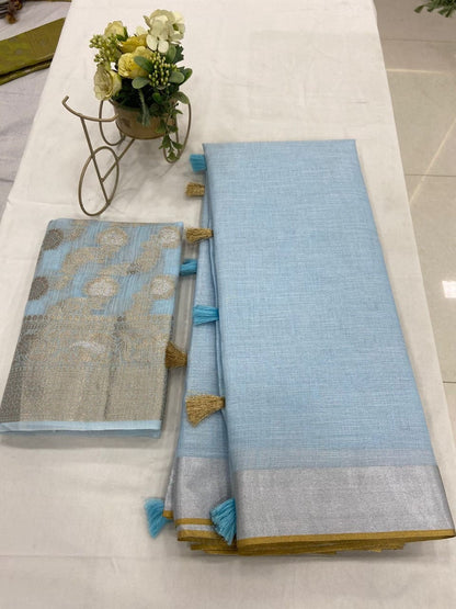 Soft Linen Saree with Zari Weaving and Designer Blouse