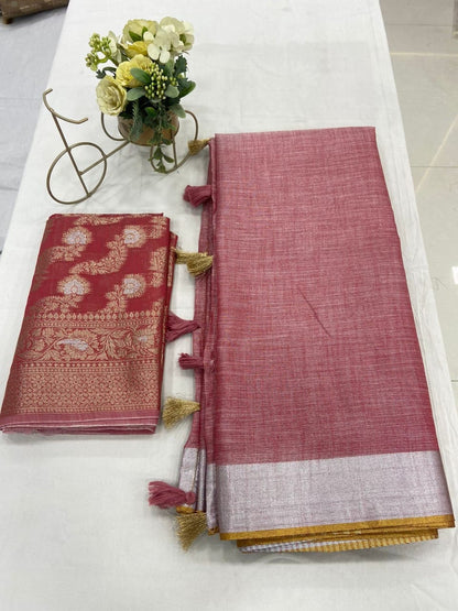 Soft Linen Saree with Zari Weaving and Designer Blouse