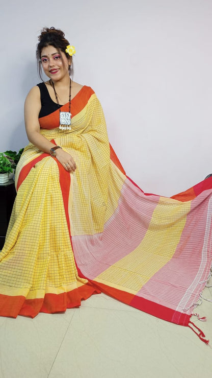 Soft Cotton Linen Checks Saree