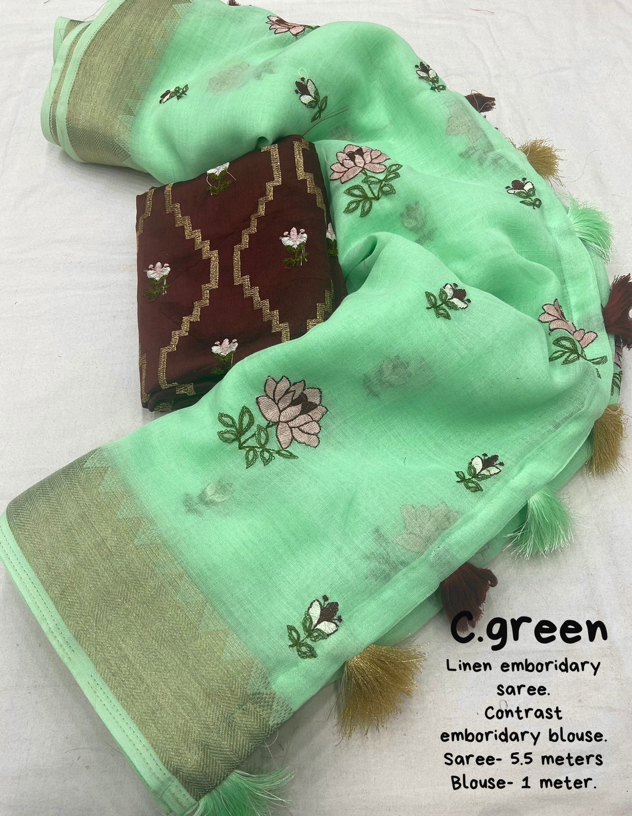 Soft Linen Saree With Embroidery and Designer Blouse