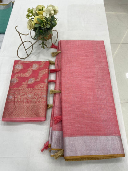 Soft Linen Saree with Zari Weaving and Designer Blouse