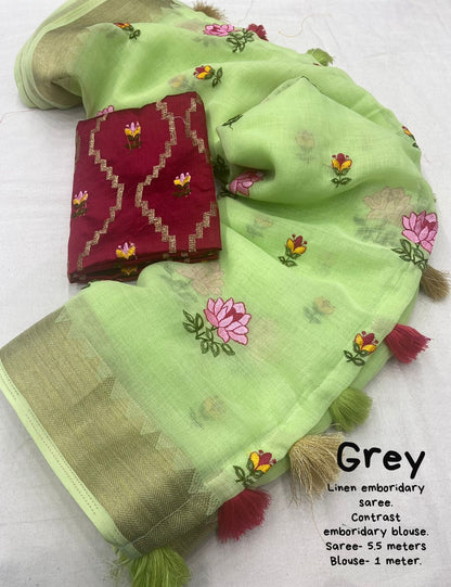 Soft Linen Saree With Embroidery and Designer Blouse