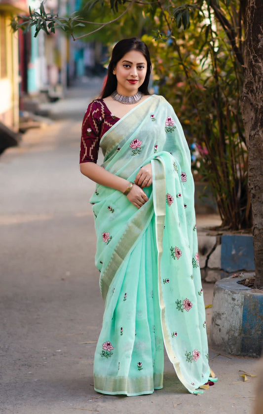 Soft Linen Saree With Embroidery and Designer Blouse