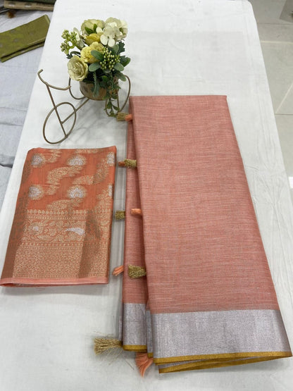 Soft Linen Saree with Zari Weaving and Designer Blouse