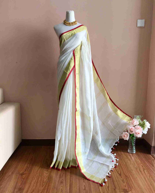 White Linen Saree With Golden and Bright Red Border