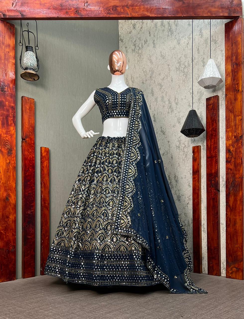 Blue Sequence Embroidery Foil Paper Work Georgette Lehenga Choli
