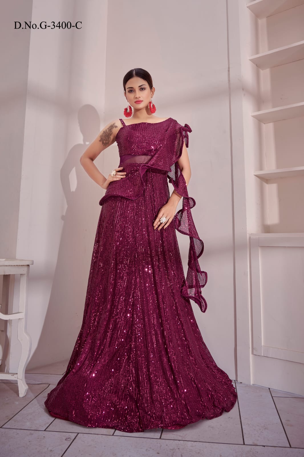 Wine Color Enthralling Dola Silk Gown with Printed Design an