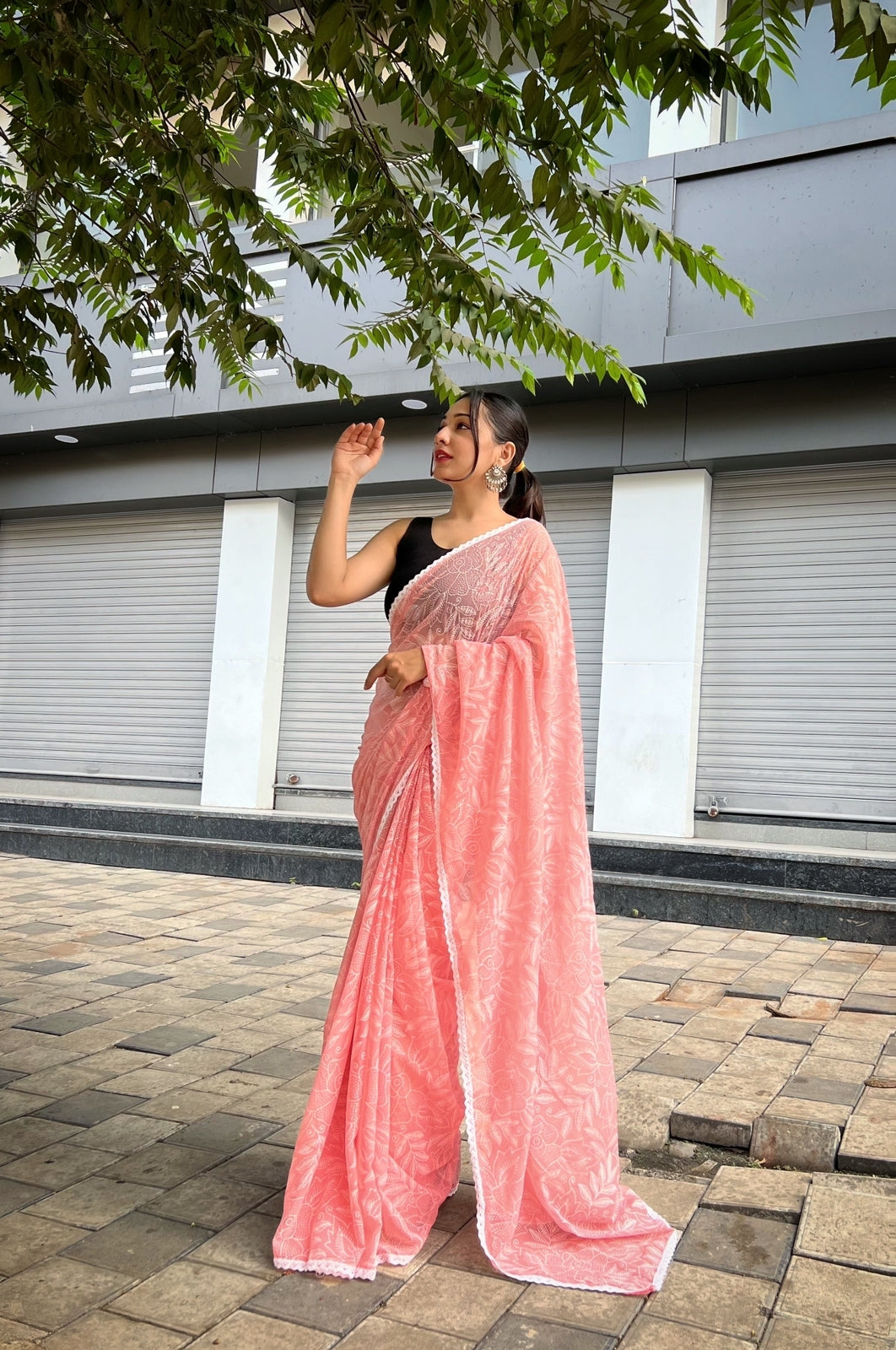 Soft Chiffon Silk Saree With Lucknowi Print and chikankari Work Border