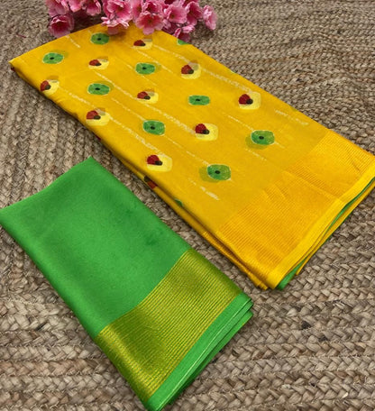 Light Weight Moss Chiffon With Bandhej Style Print and Zari Weaving Border