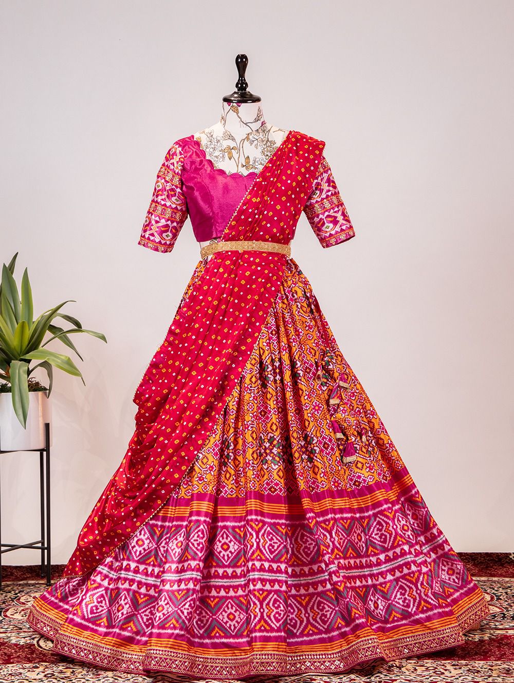 Laheriya-Patola Print and Sequins Embroidery Lace Border Lehenga