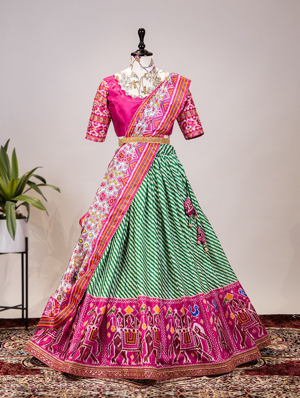 Laheriya-Patola Print and Sequins Embroidery Lace Border Lehenga