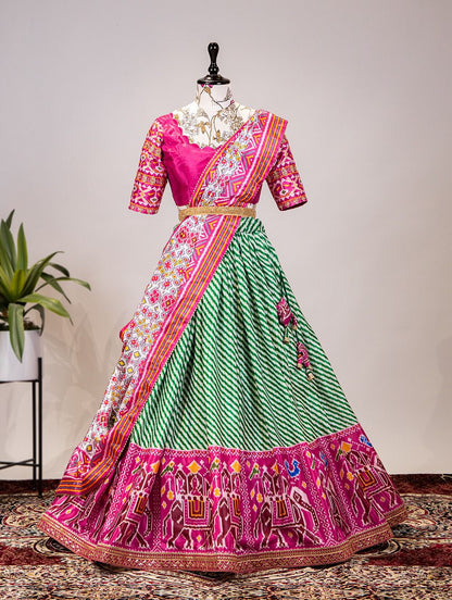 Laheriya-Patola Print and Sequins Embroidery Lace Border Lehenga