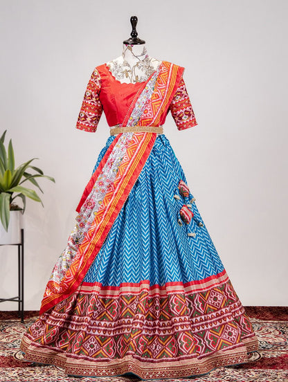 Laheriya-Patola Print and Sequins Embroidery Lace Border Lehenga