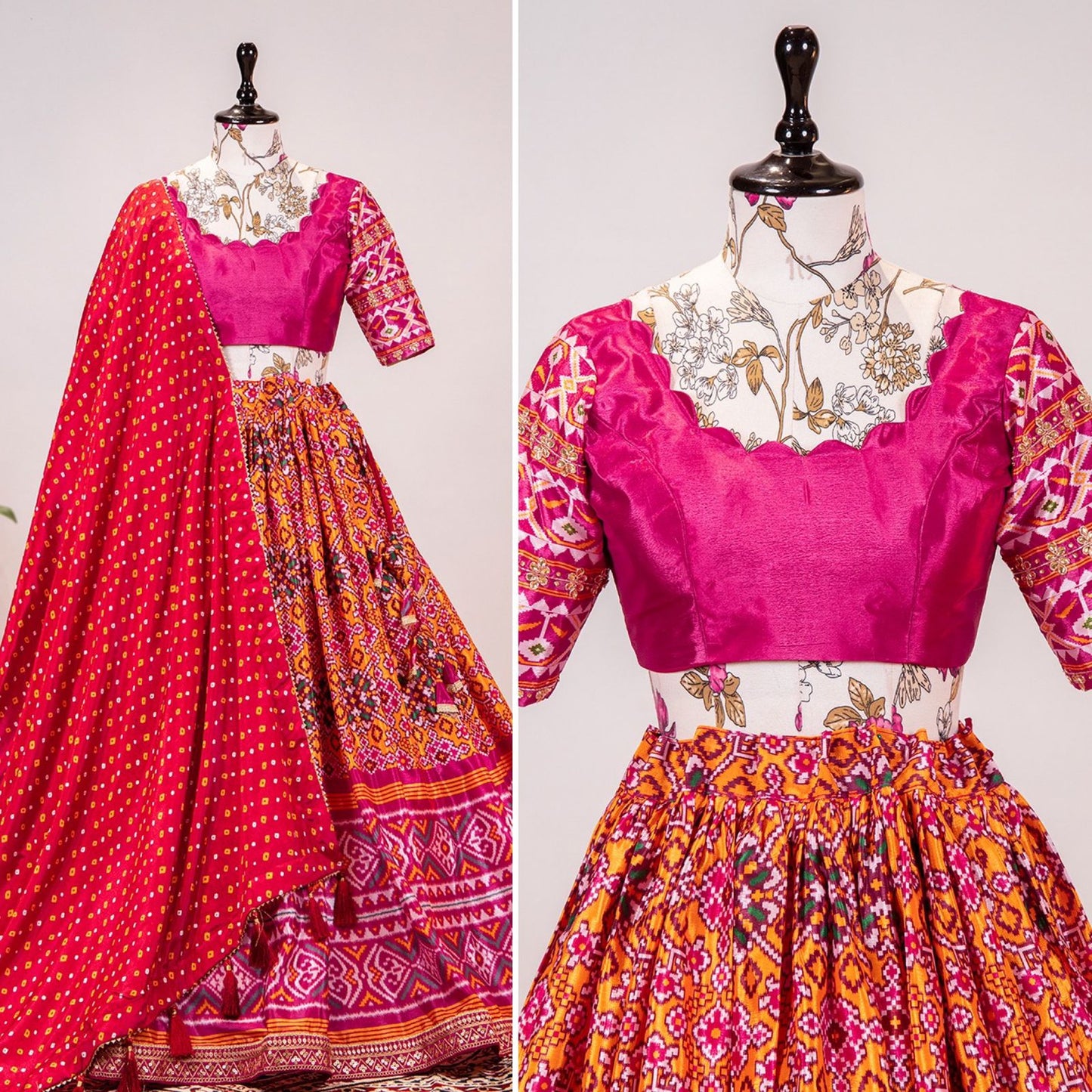 Laheriya-Patola Print and Sequins Embroidery Lace Border Lehenga