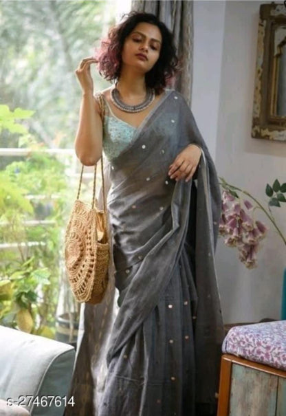 Soft Cotton Linen Saree With Mirror Work