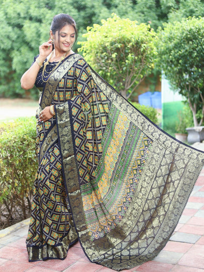 Ajrakh Art Silk Saree With Zari Weaving Border