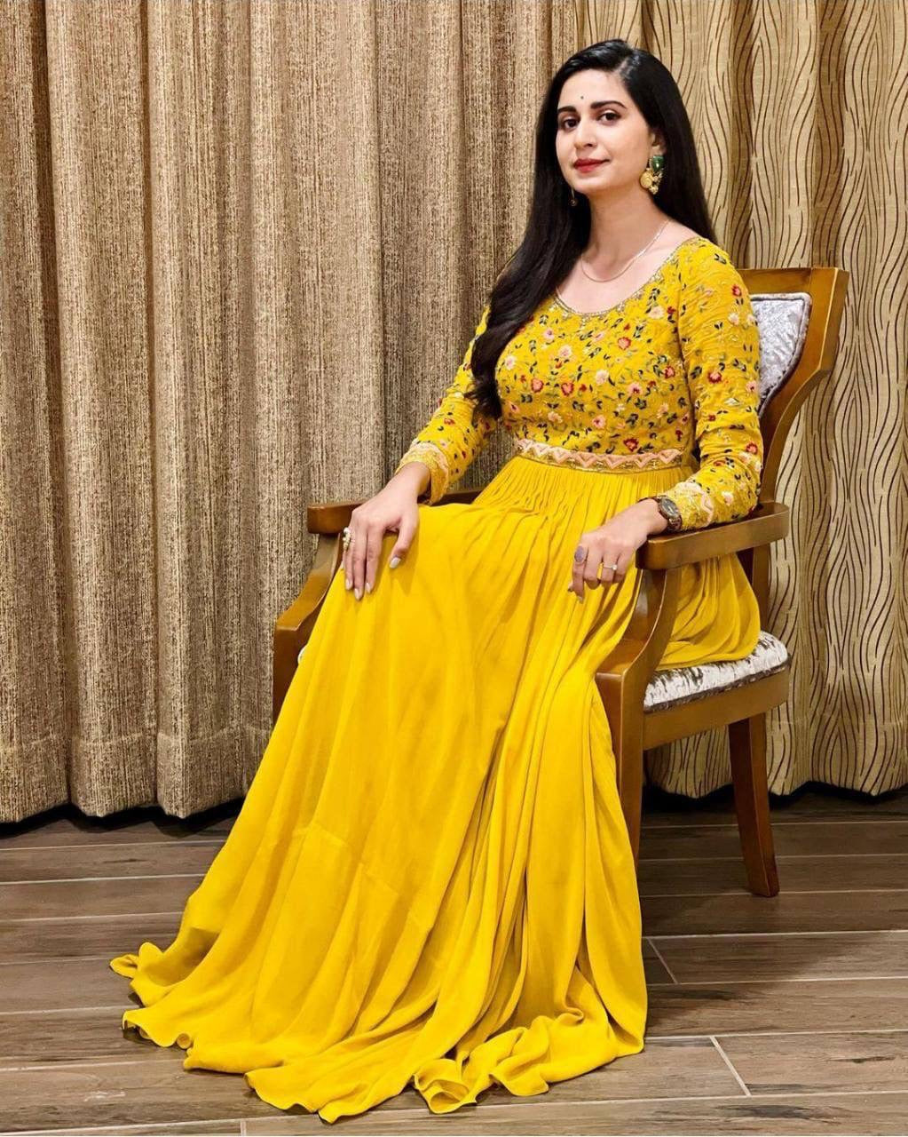 Mustard Yellow Georgette Embroidery Gown
