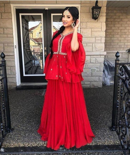 Red Georgette Sharara ,Skirt And Dupatta