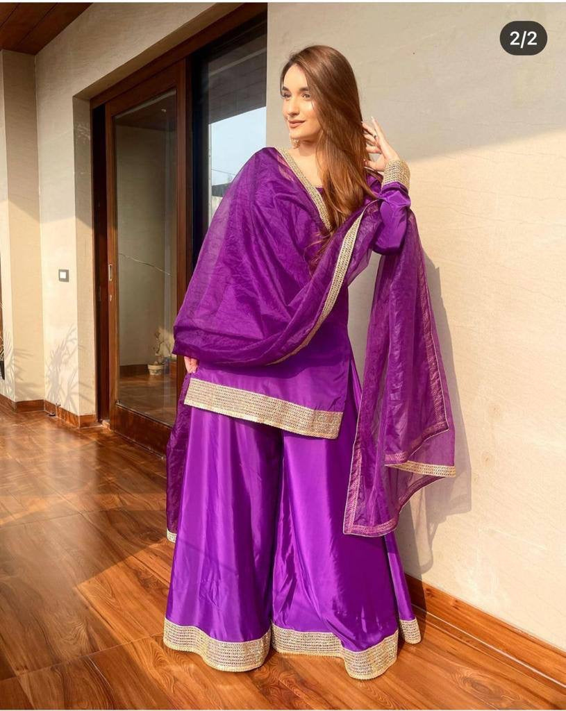 Soft Violet Plain Georgette Sharara Set With Lace patti