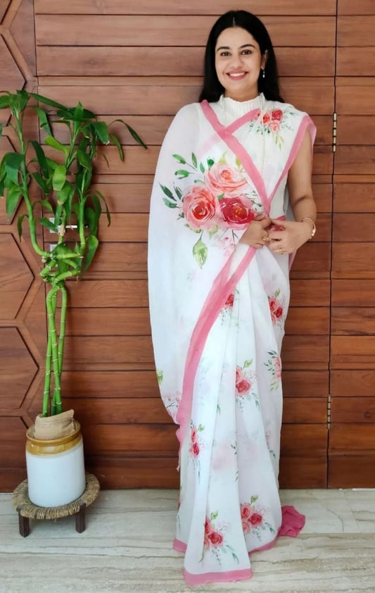 White Soft Georgette Saree With Pink Flowral Design