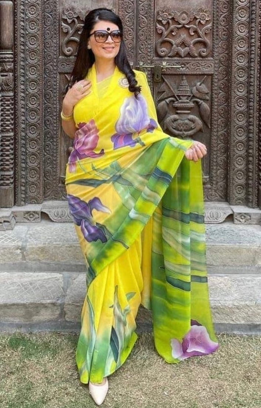 Yellow with Green Soft Georgette Saree