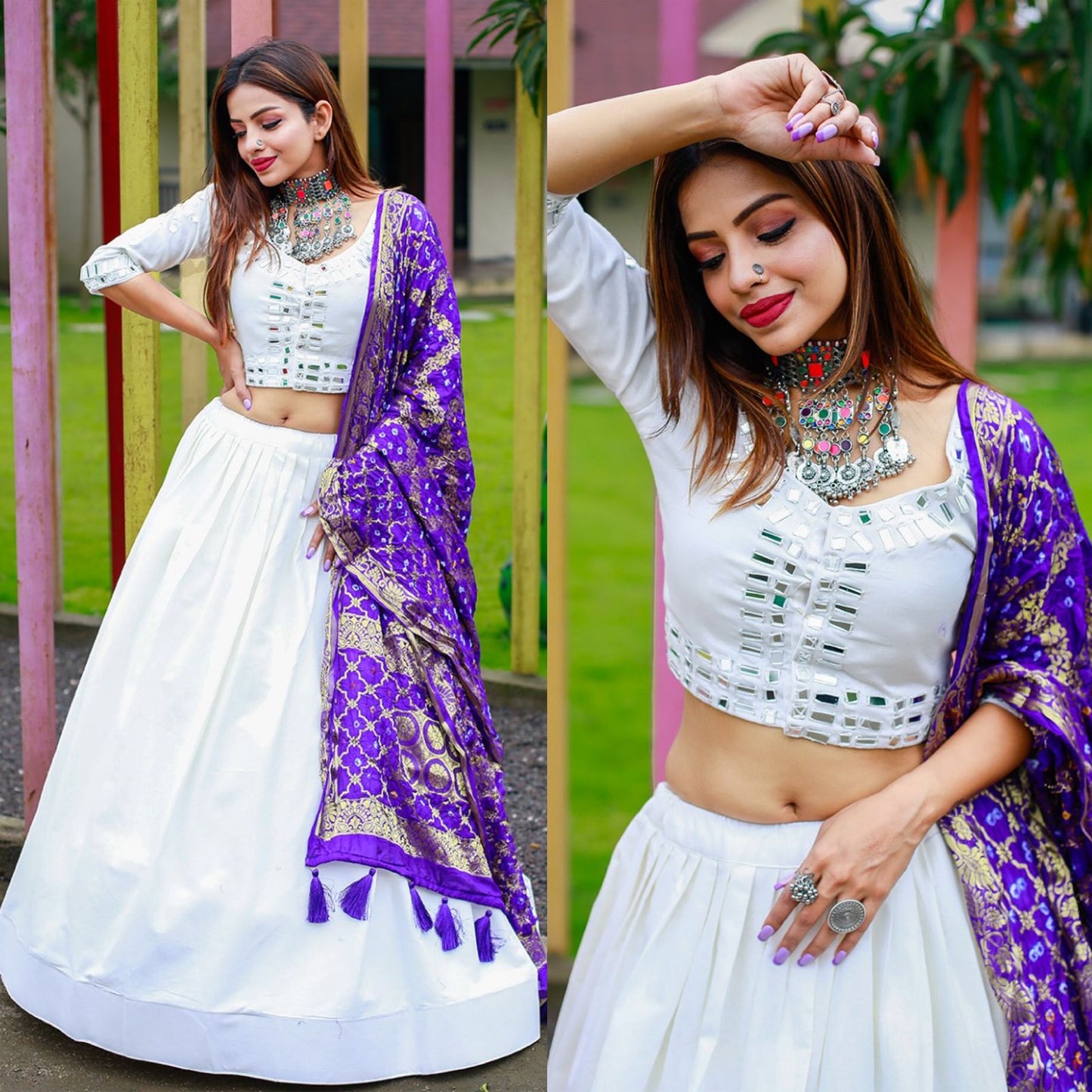 White And Royal Blue Lehenga Choli With Mirror Work