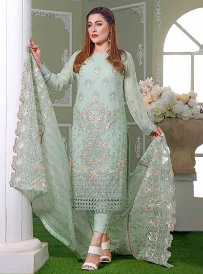 Soft Georgette Multi Thread and Jari Sequence Embroidery Unstitched Suit