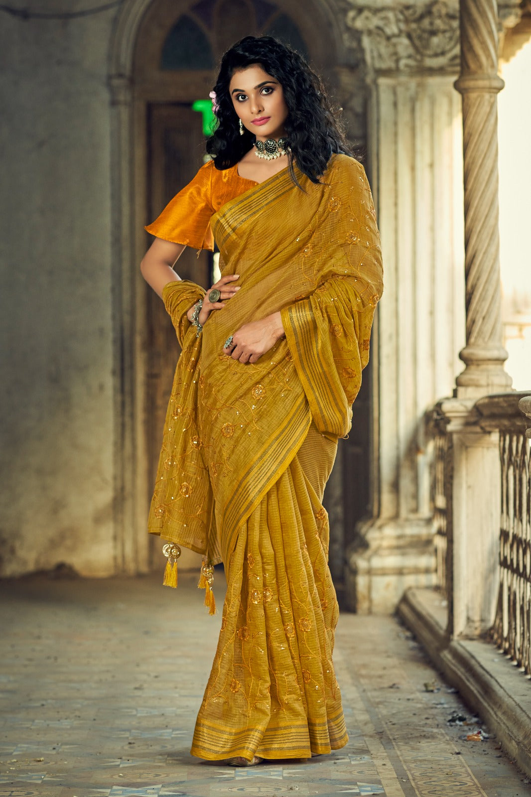 Rama Georgette Sequence Embroidery Saree With Blouse Piece - Absolutely Desi