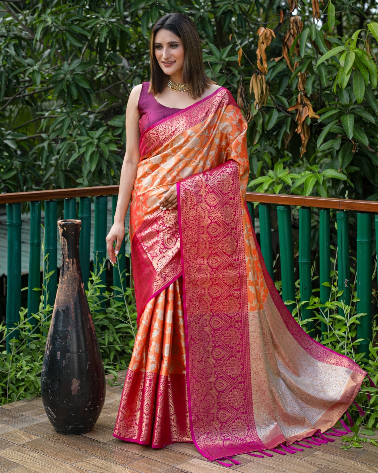 Wax Flower Pink Banarasi Woven Tissue Silk Saree – MySilkLove