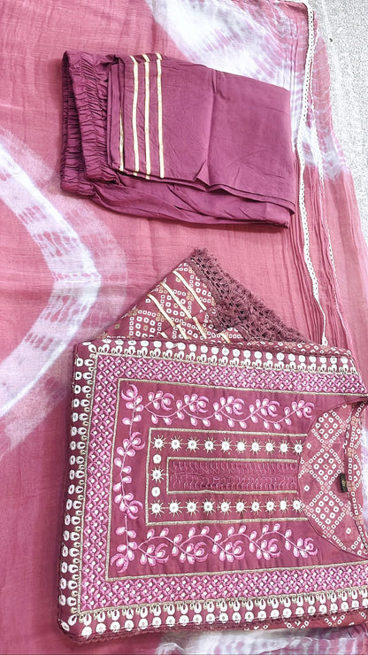 Beautiful Rayon Cotton Suv Nyra Cut Kurti Pant Dupatta Set