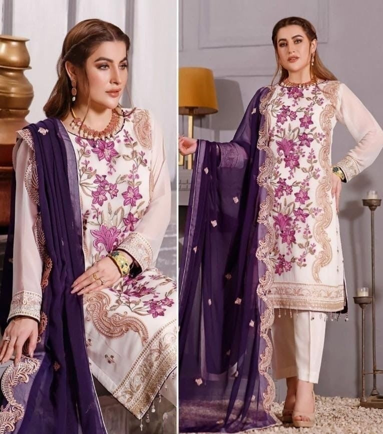 White With Violet Soft Georgette Embroidery Unstitched Suit