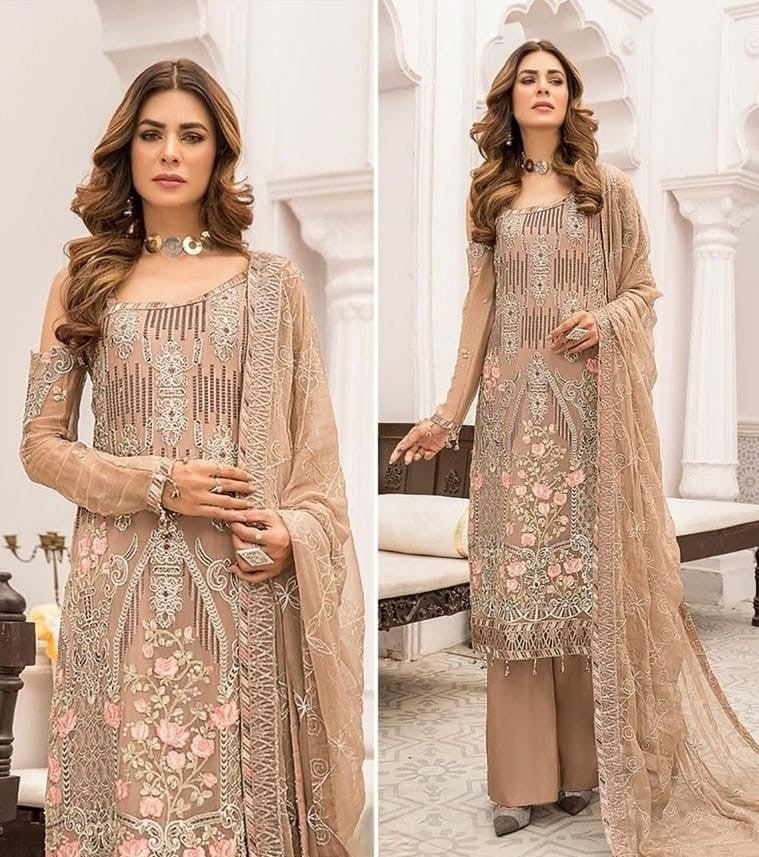 Peach Embroidery Sequence Georgette Suit